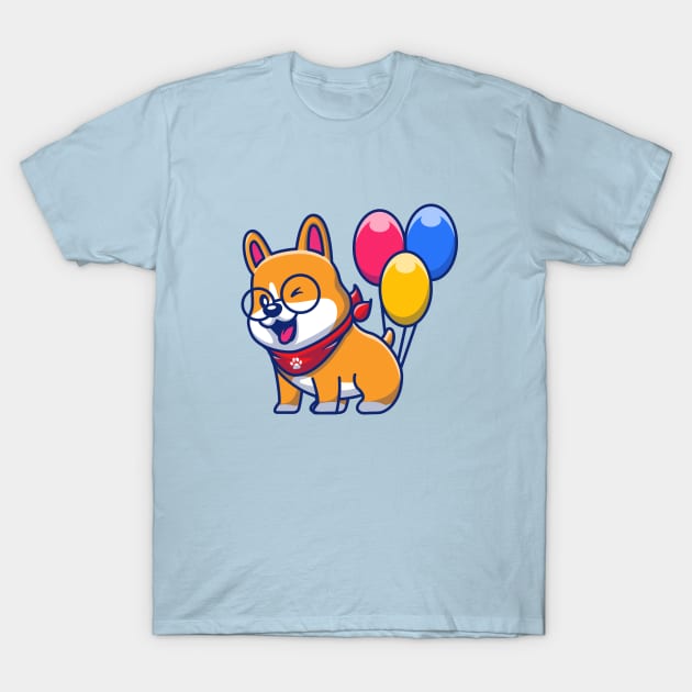 Cute Corgi With Balloons Cartoon T-Shirt by Catalyst Labs